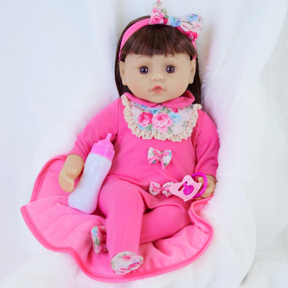 9 Pcs Baby Doll Clothes with Rose Red Floral Design Bassinet for 15-18 Inch Baby Doll, Baby Doll Clothes Outfit Accessories Fit Reborn Doll