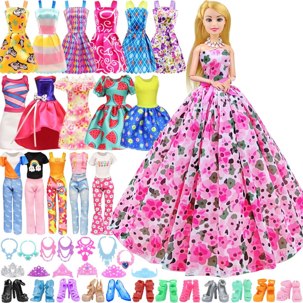 32 Pcs Fashion Outfits for 11.5 inch Dolls,Random Package Doll Clothes and Accessories included 1 Floral Long Dress 3 Skirts 5 Mini Dresses 3 Tops 3 Pants Clothes Set 10 Shoes 5 Necklaces 5 Crowns