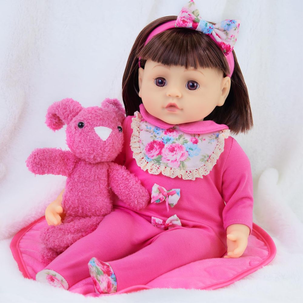 9 Pcs Baby Doll Clothes with Rose Red Floral Design Bassinet for 15-18 Inch Baby Doll, Baby Doll Clothes Outfit Accessories Fit Reborn Doll
