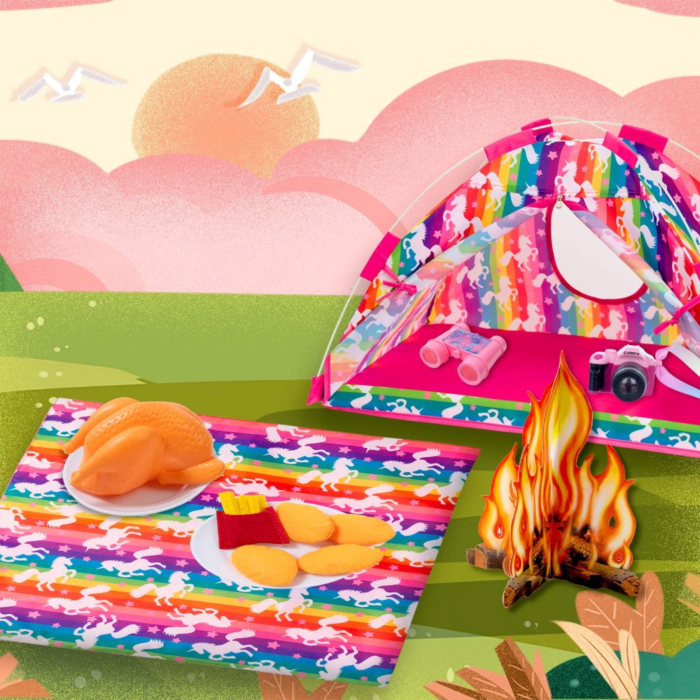 18 inch Girl Unicorn Dolls Camping Tent Set and Accessories Including Chocolate Cookies Chicken Nuggets Paper Campfire Roast Chicken Binoculars etc