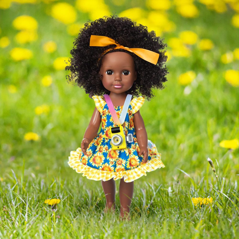 14.5 Inch Black Dolls Baby Girl Doll Clothes Accessories Set African American Washable Realistic Silicone Black Girl Dolls with Cute Dresses Sunglass Camera and Shoes