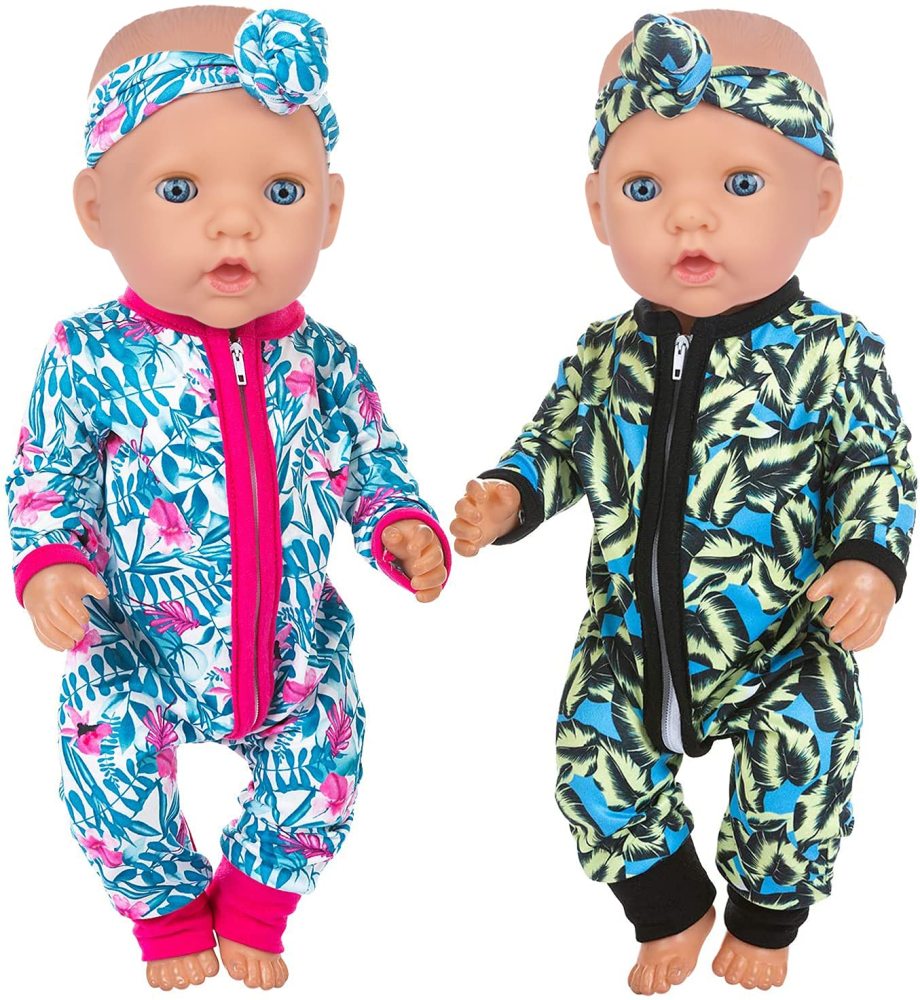 2 Sets Baby Doll Clothes Jumpsuits with 2 Headbands for 14-16 Inch Baby Doll Onesie, 43cm New Baby Doll, 15 Inch Baby Doll and 18 Inch Girl Doll Onesie Outfits