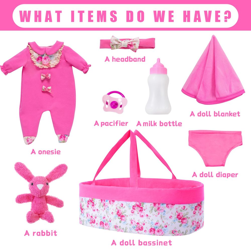 9 Pcs Baby Doll Clothes with Rose Red Floral Design Bassinet for 15-18 Inch Baby Doll, Baby Doll Clothes Outfit Accessories Fit Reborn Doll