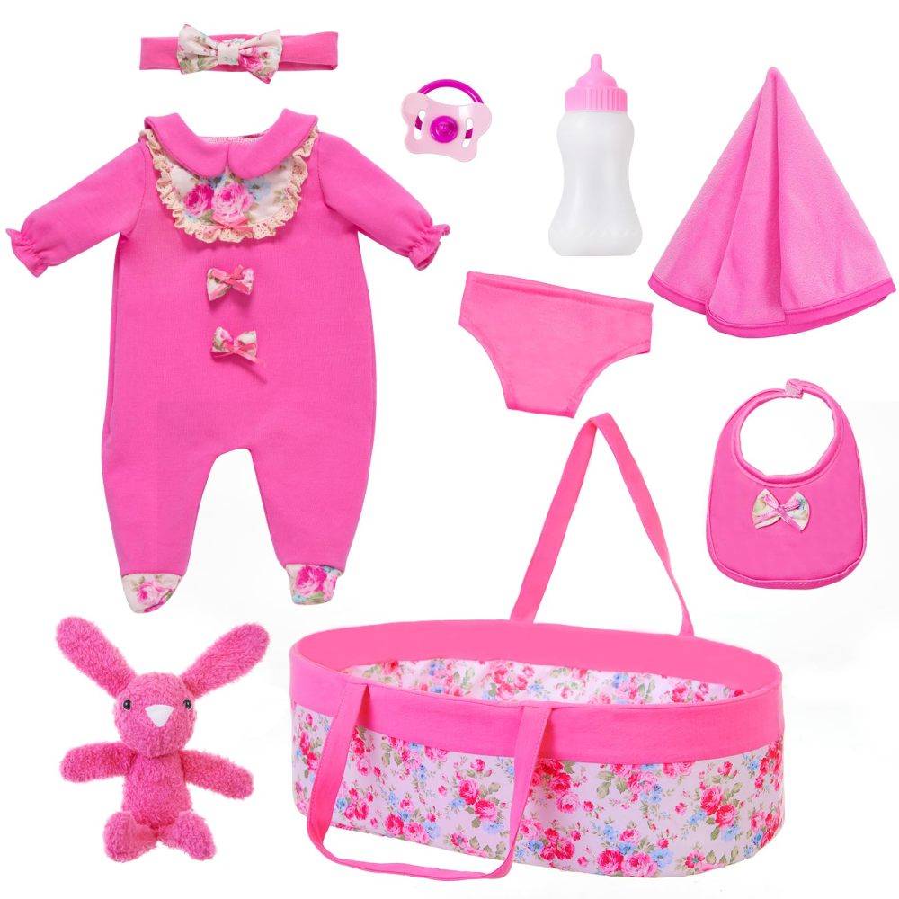9 Pcs Baby Doll Clothes with Rose Red Floral Design Bassinet for 15-18 Inch Baby Doll, Baby Doll Clothes Outfit Accessories Fit Reborn Doll