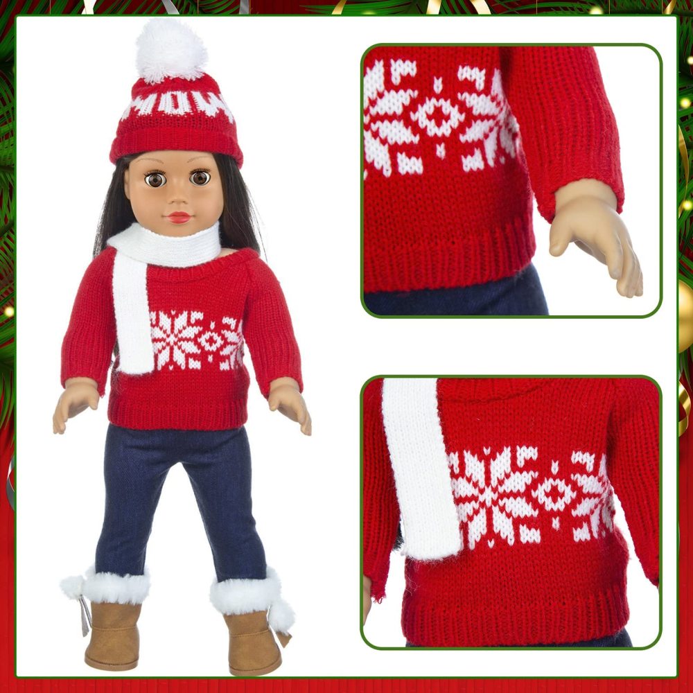 2 Sets 18 Inch Girl Doll Christmas Clothes Outfits with Shoes and Christmas Accessories - 18 Inch Christmas Doll Clothes Dress Boots Hat Scarf Hairclips Bag