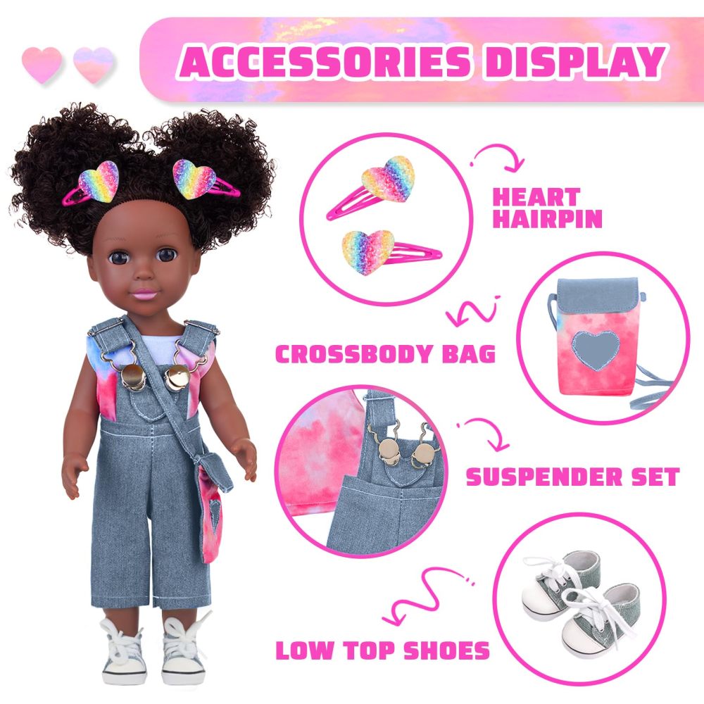 Black Baby Doll with Tie-Dye Rainbow Top and Clothes Set 14.5 Inch Black Doll Silicone Black Doll Realistic Black Girl Doll