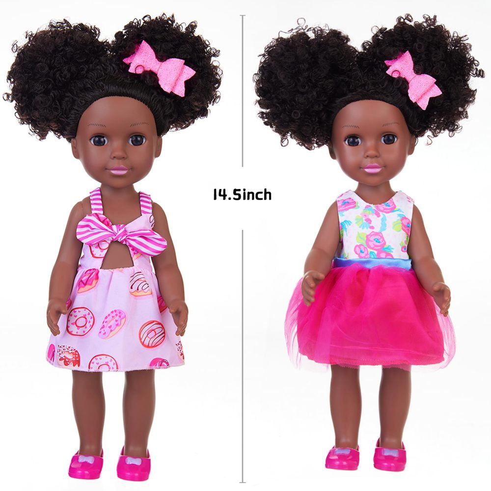 Black Doll 14.5 Inch and Black Girl Doll Clothes and Accessories, 14.5" African Doll Playsets with 2 Sets Dress, Butterfly Hair Clips, Panel Computer, Cellphone and A Pair of Shoes