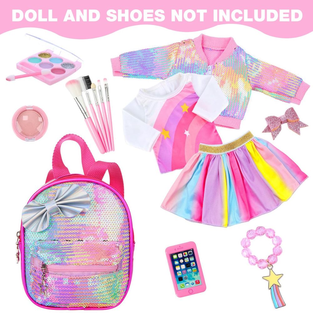 14Pcs American 18 Inch Doll Clothes and Accessories Makeup Playset Include Girl Dolls Clothes, Skirt, Backpack, Bracelet, Hair Clip, Phone and Makeup Sets（No Doll and Shoes）