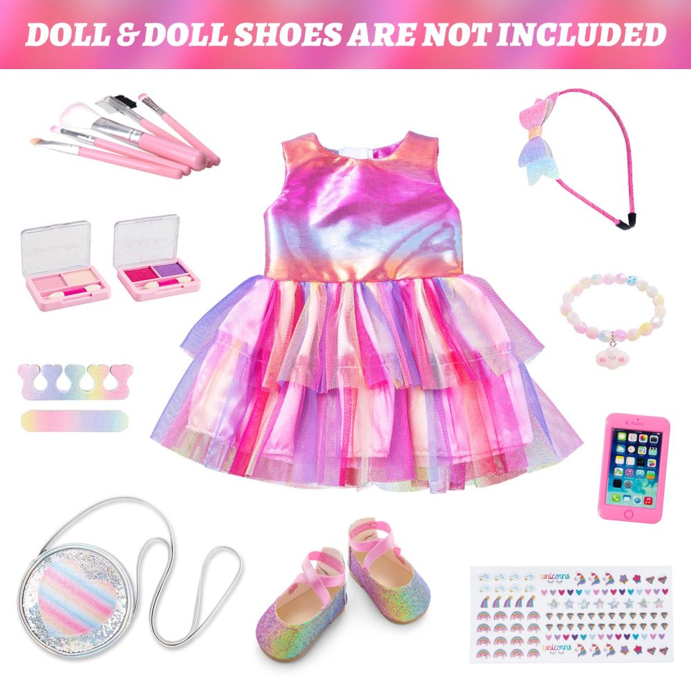 American 18 Inch Doll 14 Pcs Accessories Makeup Set with Dress for Generation Doll Makeup Beauty Set and Clothes for 18 Inch Doll (No Doll)