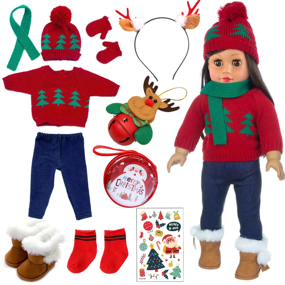 18 Inch Doll Clothes Winter Christmas Outfit and Accessories Including Sweaters Trousers Shoes Hats and Scarfs Sticker