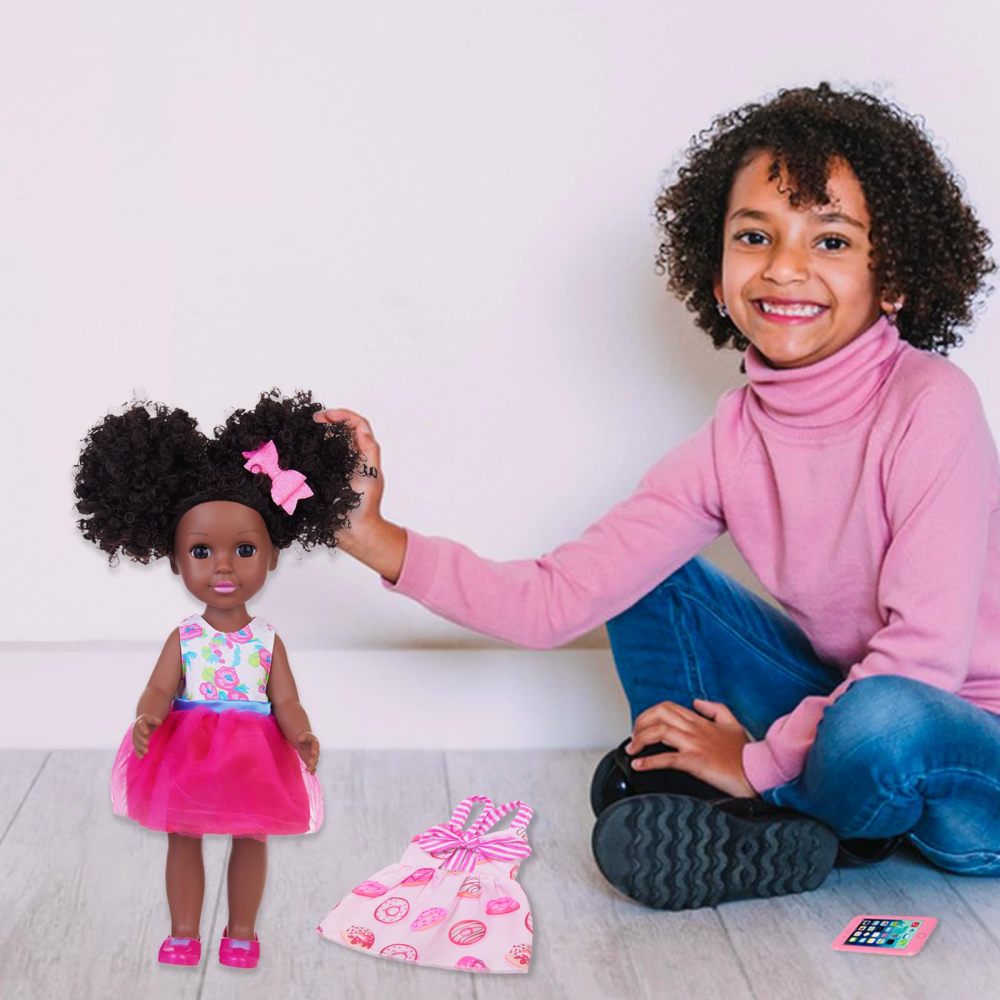 Black Doll 14.5 Inch and Black Girl Doll Clothes and Accessories, 14.5" African Doll Playsets with 2 Sets Dress, Butterfly Hair Clips, Panel Computer, Cellphone and A Pair of Shoes