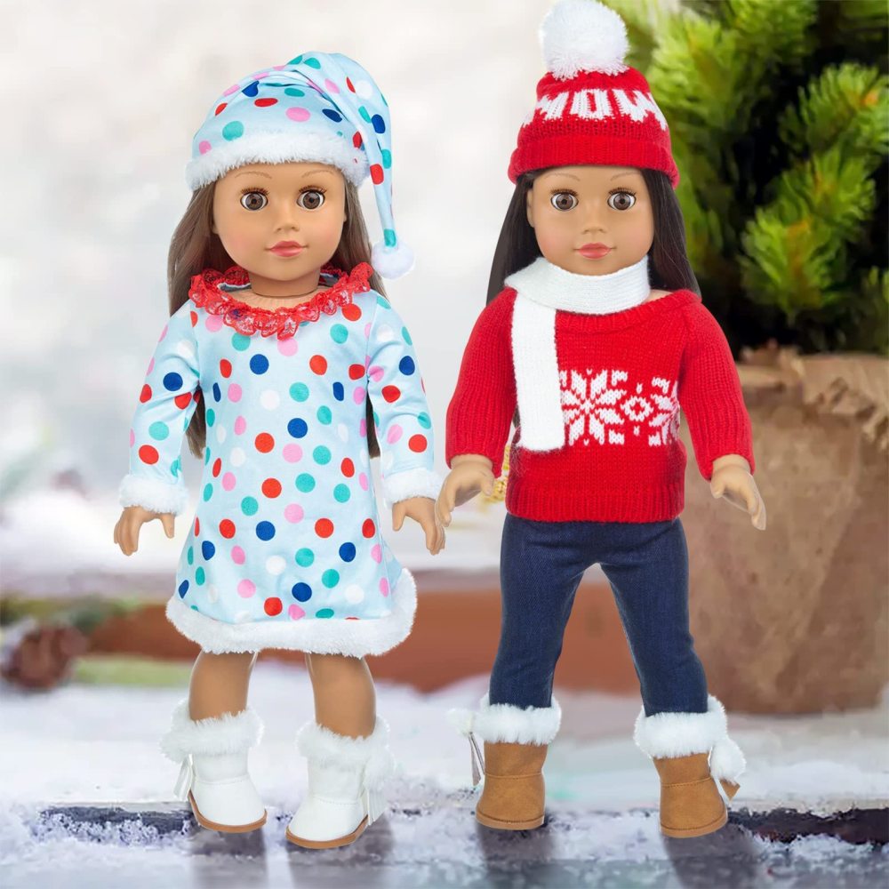 2 Sets 18 Inch Girl Doll Christmas Clothes Outfits with Shoes and Christmas Accessories - 18 Inch Christmas Doll Clothes Dress Boots Hat Scarf Hairclips Bag