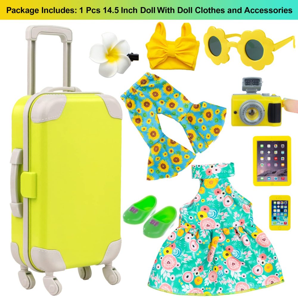 14.5 Inch Baby Doll and Doll Travel Accessories Suitcase Set - Include 1 Pcs 14.5 Inch Girl Doll,1 Luggage,1 Clothes, 1 Dress, 1 Shoes, Hairclip, Camera, Phone and Pad
