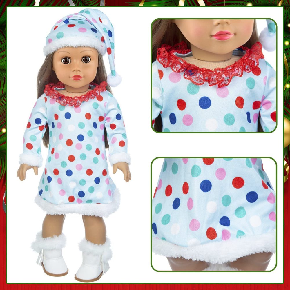 2 Sets 18 Inch Girl Doll Christmas Clothes Outfits with Shoes and Christmas Accessories - 18 Inch Christmas Doll Clothes Dress Boots Hat Scarf Hairclips Bag