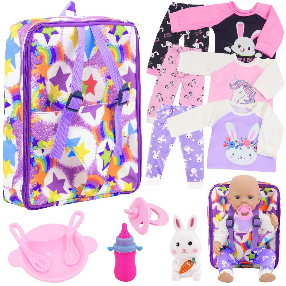 ZITA ELEMENT American 18 Inch Doll Backpack Carrier and Clothes, Baby Doll Playset for 17 Inch Doll with Doll Backpack Carrier Bag, Doll Clothes Sets and Accessories for 16 Inch Baby Doll (No Doll)