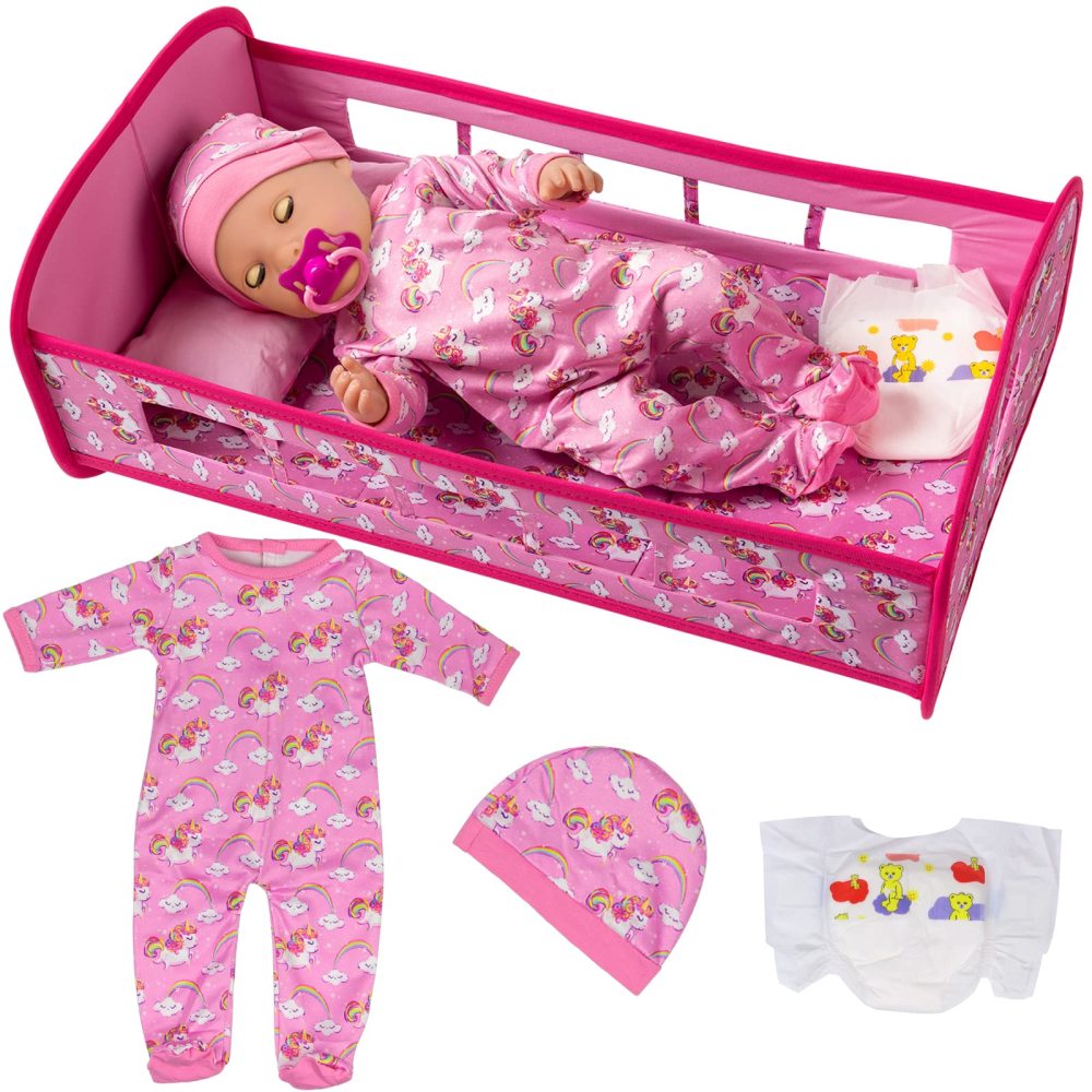 Baby Doll Crib Furniture Baby Doll Bed and Accessories Play Set Included Romper Suit,Baby Doll Crib,Diaper Fit for 15'' -18" Baby Dolls Reborn