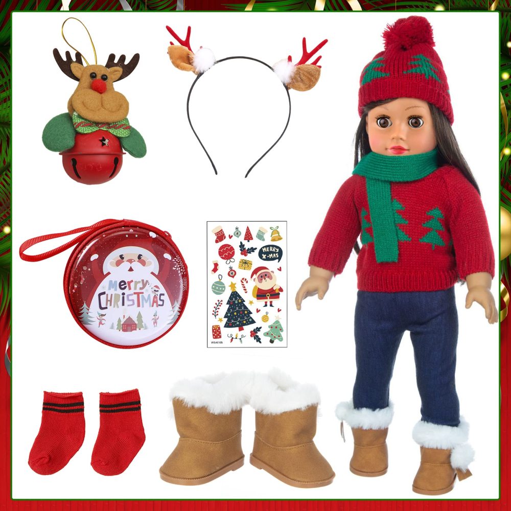 18 Inch Doll Clothes Winter Christmas Outfit and Accessories Including Sweaters Trousers Shoes Hats and Scarfs Sticker