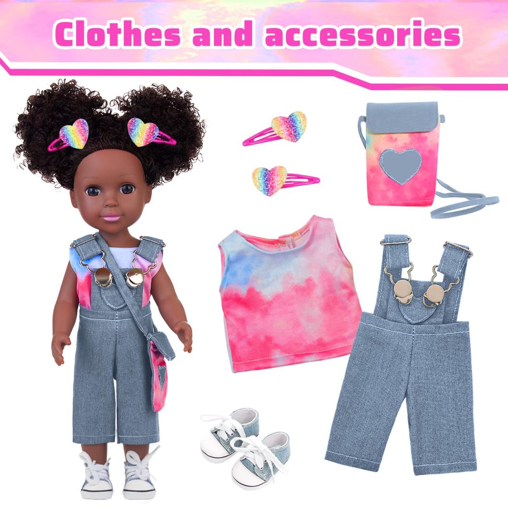 Black Baby Doll with Tie-Dye Rainbow Top and Clothes Set 14.5 Inch Black Doll Silicone Black Doll Realistic Black Girl Doll