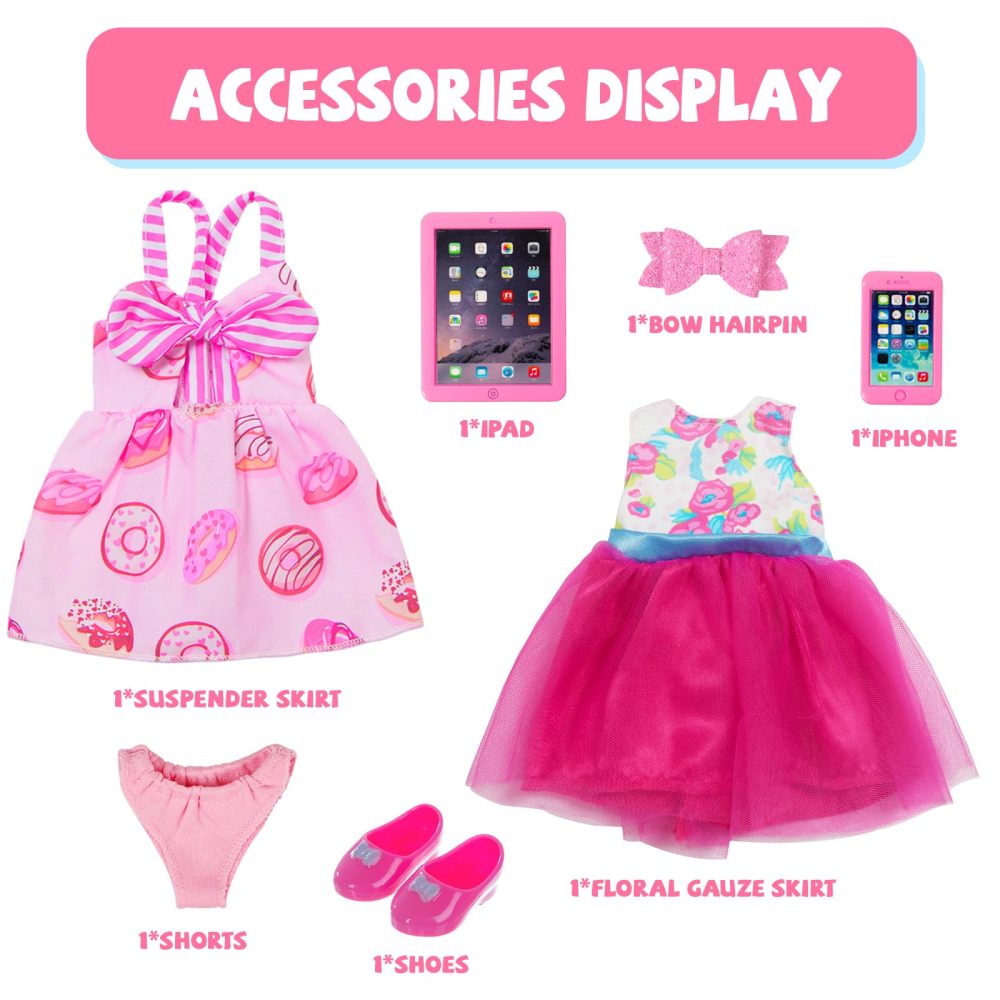 Black Doll 14.5 Inch and Black Girl Doll Clothes and Accessories, 14.5" African Doll Playsets with 2 Sets Dress, Butterfly Hair Clips, Panel Computer, Cellphone and A Pair of Shoes