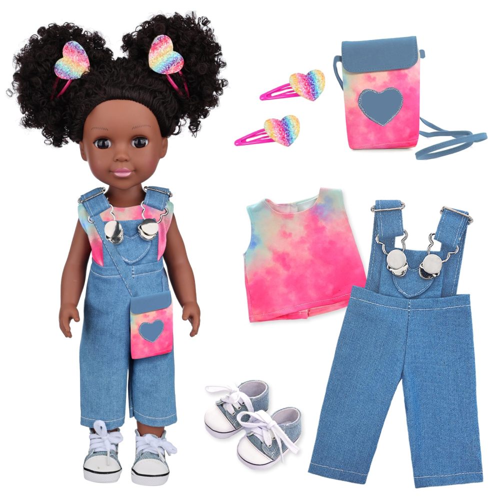 Black Baby Doll with Tie-Dye Rainbow Top and Clothes Set 14.5 Inch Black Doll Silicone Black Doll Realistic Black Girl Doll