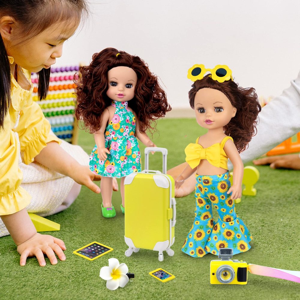 14.5 Inch Baby Doll and Doll Travel Accessories Suitcase Set - Include 1 Pcs 14.5 Inch Girl Doll,1 Luggage,1 Clothes, 1 Dress, 1 Shoes, Hairclip, Camera, Phone and Pad