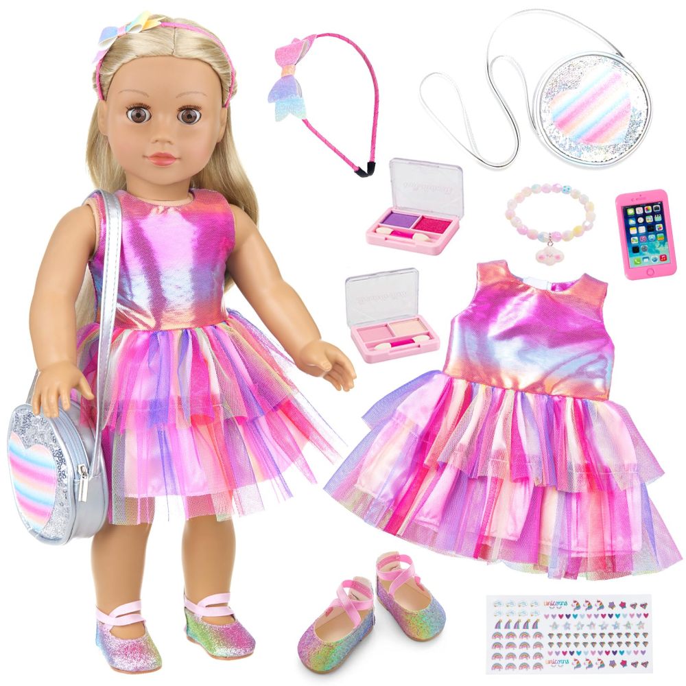 American 18 Inch Doll 14 Pcs Accessories Makeup Set with Dress for Generation Doll Makeup Beauty Set and Clothes for 18 Inch Doll (No Doll)