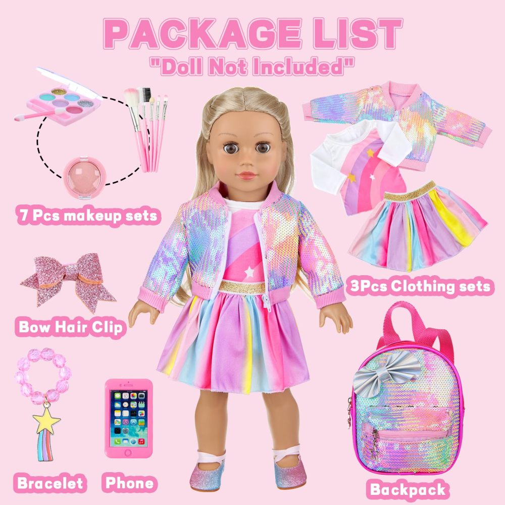 14Pcs American 18 Inch Doll Clothes and Accessories Makeup Playset Include Girl Dolls Clothes, Skirt, Backpack, Bracelet, Hair Clip, Phone and Makeup Sets（No Doll and Shoes）