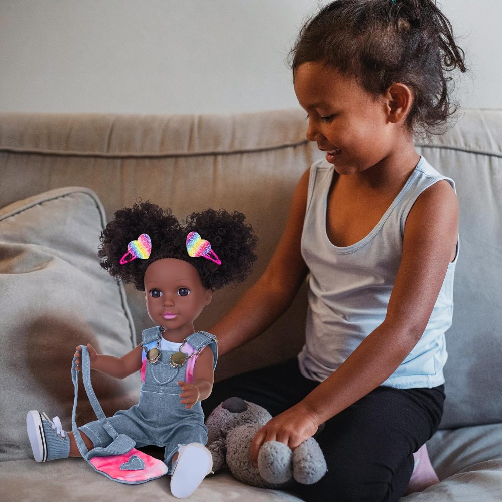 Black Baby Doll with Tie-Dye Rainbow Top and Clothes Set 14.5 Inch Black Doll Silicone Black Doll Realistic Black Girl Doll
