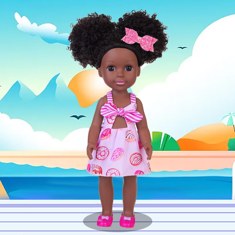 Black Doll 14.5 Inch and Black Girl Doll Clothes and Accessories, 14.5" African Doll Playsets with 2 Sets Dress, Butterfly Hair Clips, Panel Computer, Cellphone and A Pair of Shoes