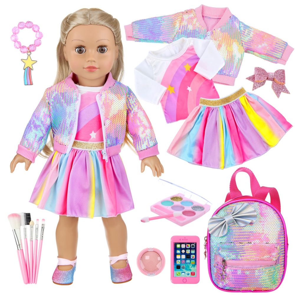 14Pcs American 18 Inch Doll Clothes and Accessories Makeup Playset Include Girl Dolls Clothes, Skirt, Backpack, Bracelet, Hair Clip, Phone and Makeup Sets（No Doll and Shoes）