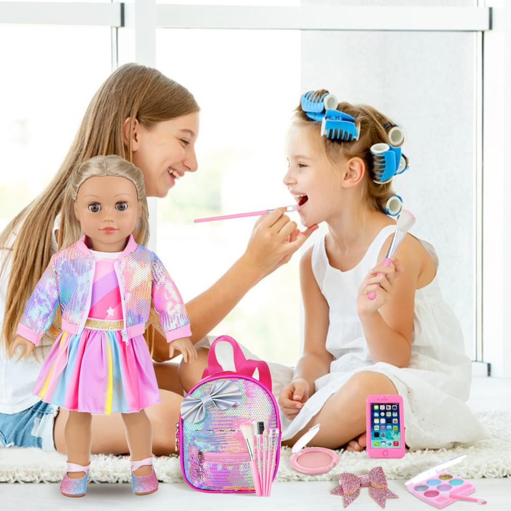 14Pcs American 18 Inch Doll Clothes and Accessories Makeup Playset Include Girl Dolls Clothes, Skirt, Backpack, Bracelet, Hair Clip, Phone and Makeup Sets（No Doll and Shoes）