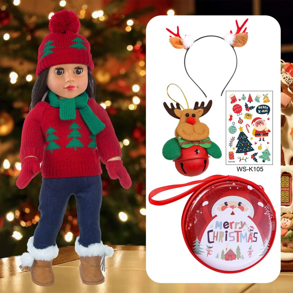 18 Inch Doll Clothes Winter Christmas Outfit and Accessories Including Sweaters Trousers Shoes Hats and Scarfs Sticker