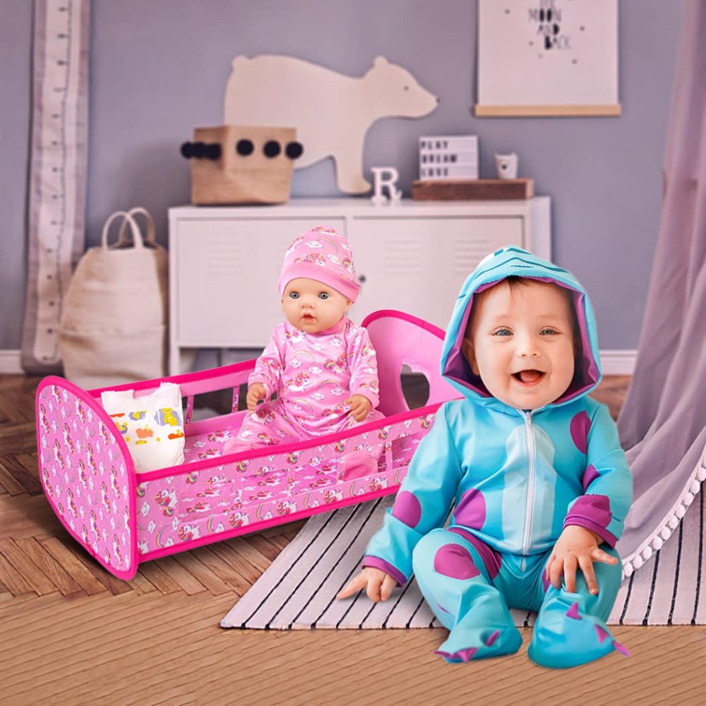 Baby Doll Crib Furniture Baby Doll Bed and Accessories Play Set Included Romper Suit,Baby Doll Crib,Diaper Fit for 15'' -18" Baby Dolls Reborn