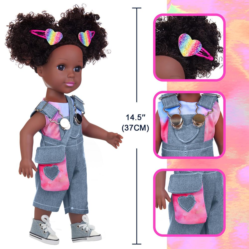 Black Baby Doll with Tie-Dye Rainbow Top and Clothes Set 14.5 Inch Black Doll Silicone Black Doll Realistic Black Girl Doll