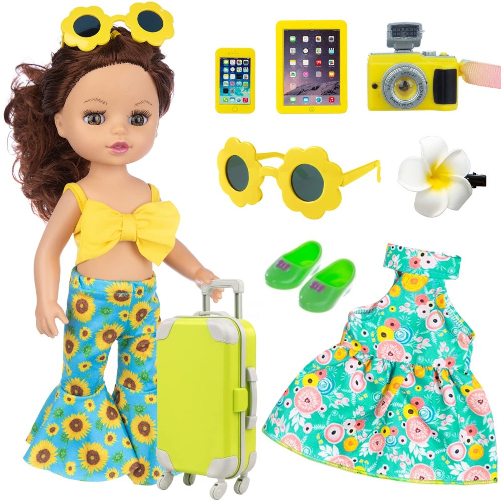 14.5 Inch Baby Doll and Doll Travel Accessories Suitcase Set - Include 1 Pcs 14.5 Inch Girl Doll,1 Luggage,1 Clothes, 1 Dress, 1 Shoes, Hairclip, Camera, Phone and Pad