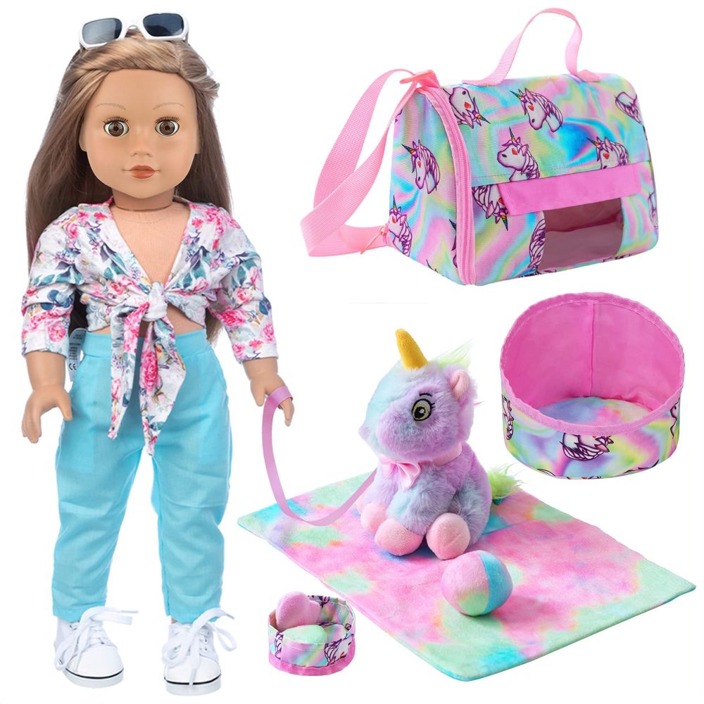 18 Inch Girl Doll Accessories Pet Set for 10 Pcs Stuff Girl Travel Clothes with Pet, Plush Pet Toy, Mat, Handbag, Pet Bow
