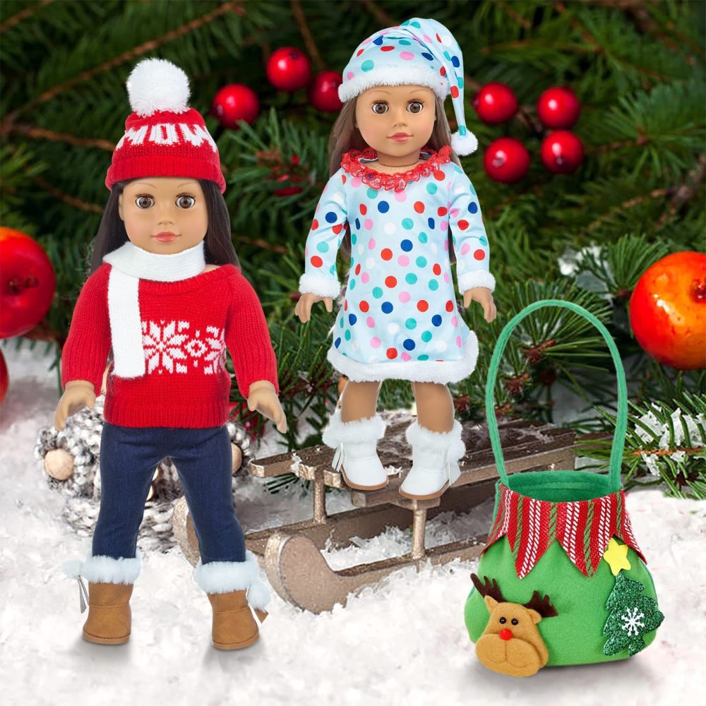 2 Sets 18 Inch Girl Doll Christmas Clothes Outfits with Shoes and Christmas Accessories - 18 Inch Christmas Doll Clothes Dress Boots Hat Scarf Hairclips Bag