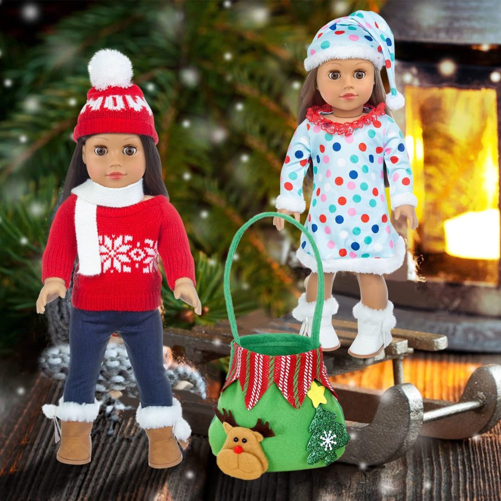 2 Sets 18 Inch Girl Doll Christmas Clothes Outfits with Shoes and Christmas Accessories - 18 Inch Christmas Doll Clothes Dress Boots Hat Scarf Hairclips Bag