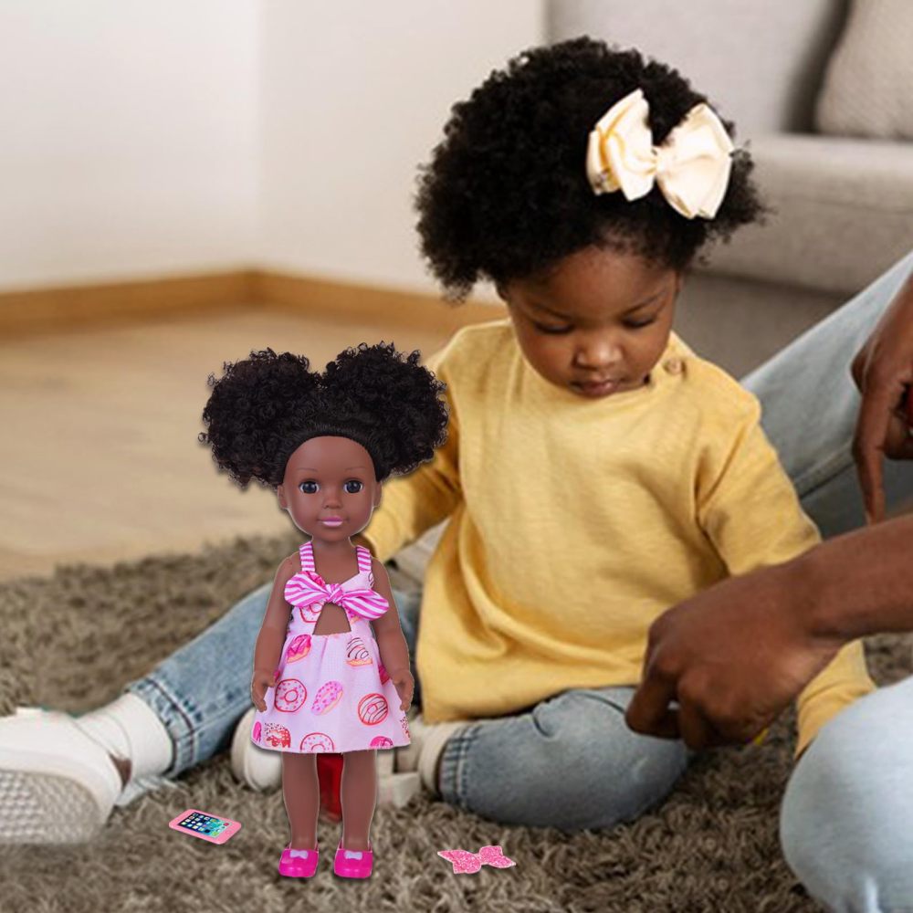 Black Doll 14.5 Inch and Black Girl Doll Clothes and Accessories, 14.5" African Doll Playsets with 2 Sets Dress, Butterfly Hair Clips, Panel Computer, Cellphone and A Pair of Shoes