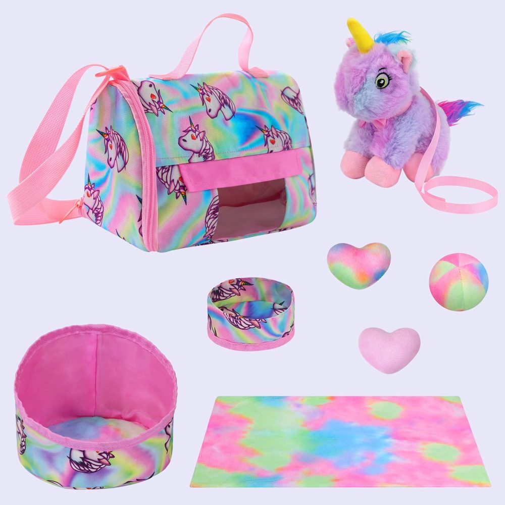 18 Inch Girl Doll Accessories Pet Set for 10 Pcs Stuff Girl Travel Clothes with Pet, Plush Pet Toy, Mat, Handbag, Pet Bow