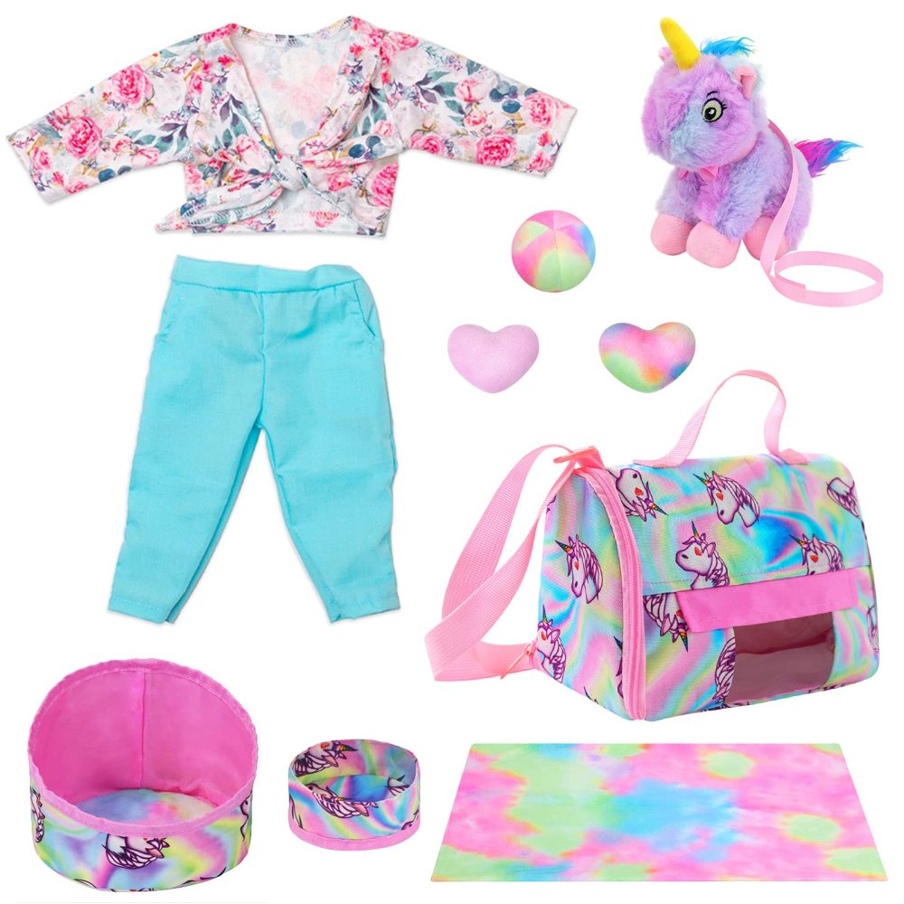 18 Inch Girl Doll Accessories Pet Set for 10 Pcs Stuff Girl Travel Clothes with Pet, Plush Pet Toy, Mat, Handbag, Pet Bow