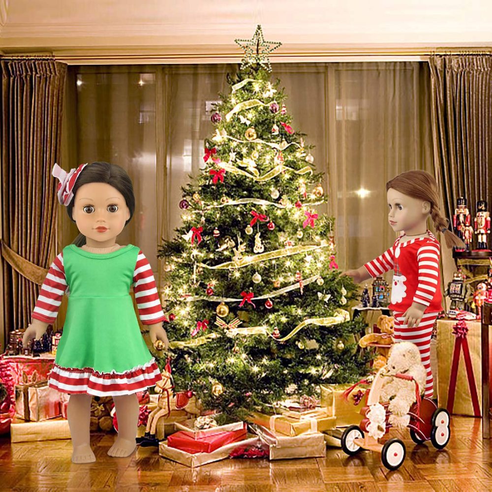 2 Set 18 Inch Doll Christmas Clothes Dress Pajamas Outfits for 18 Inch Girl Doll