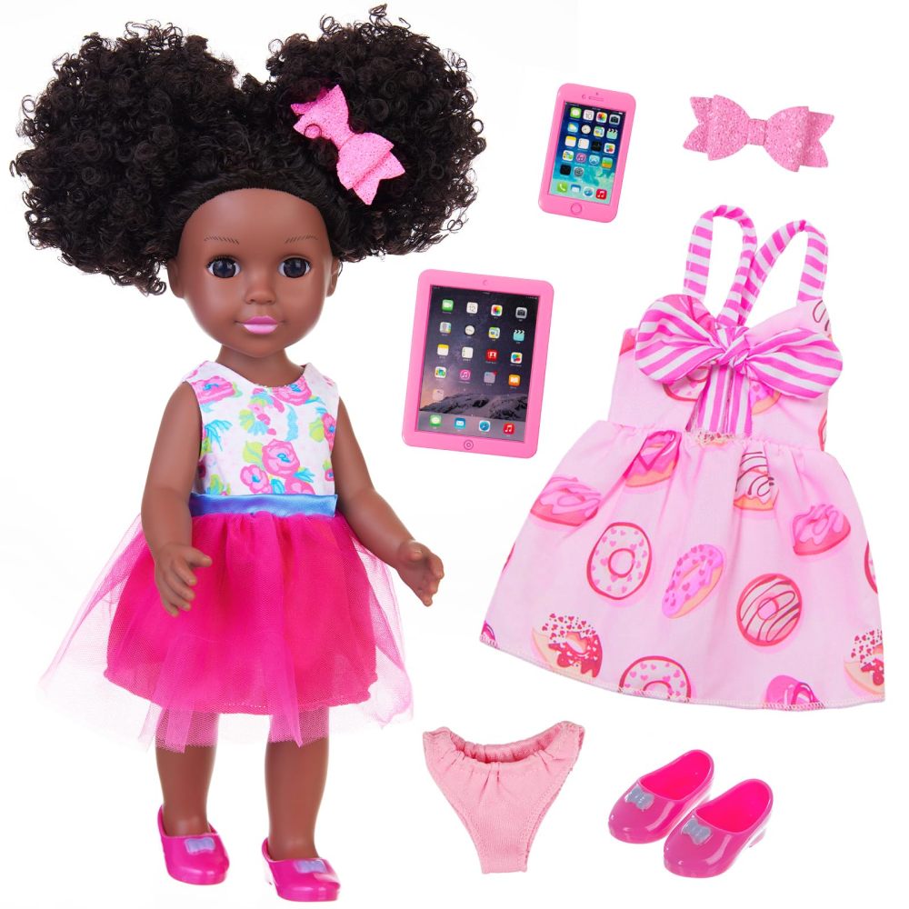 Black Doll 14.5 Inch and Black Girl Doll Clothes and Accessories, 14.5" African Doll Playsets with 2 Sets Dress, Butterfly Hair Clips, Panel Computer, Cellphone and A Pair of Shoes