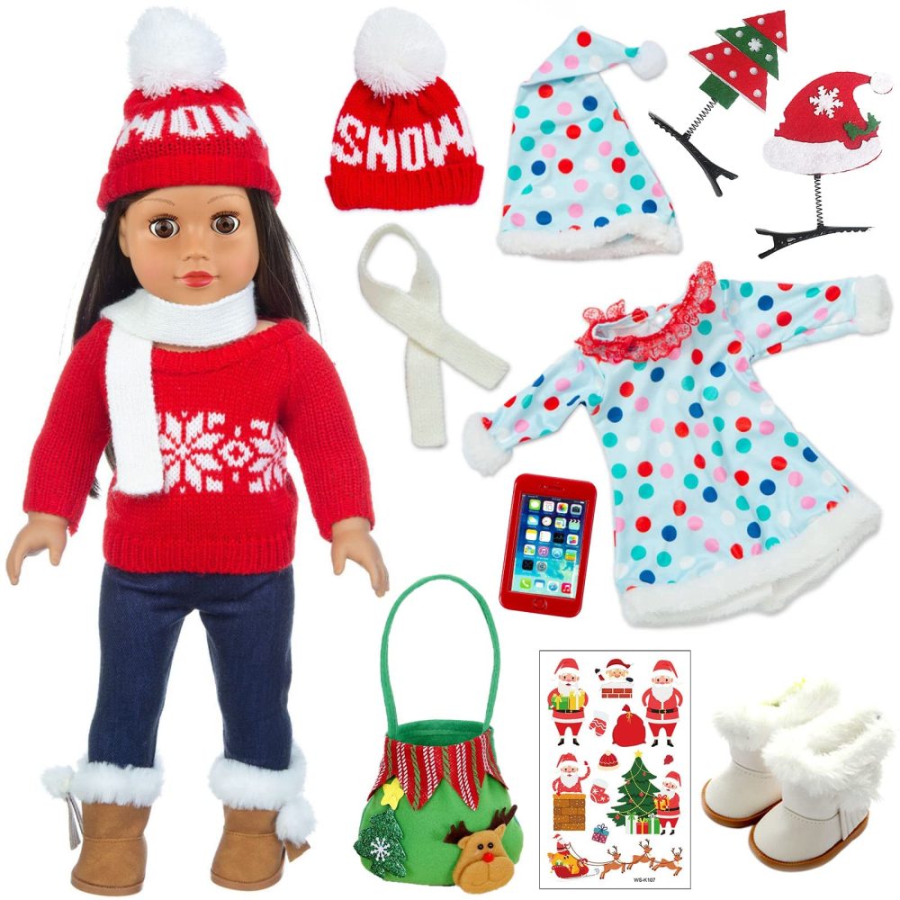 2 Sets 18 Inch Girl Doll Christmas Clothes Outfits with Shoes and Christmas Accessories - 18 Inch Christmas Doll Clothes Dress Boots Hat Scarf Hairclips Bag