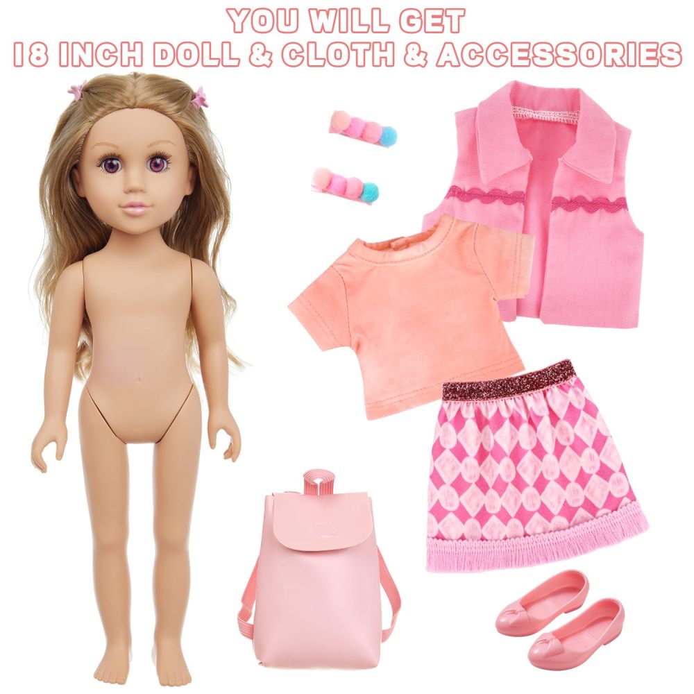 18 Inch Girl Doll Playset with Doll Clothes and Accessories Including 18 Inch Doll Jacket T-Shirt Skirt shoes backbag Hairband for Little Girl