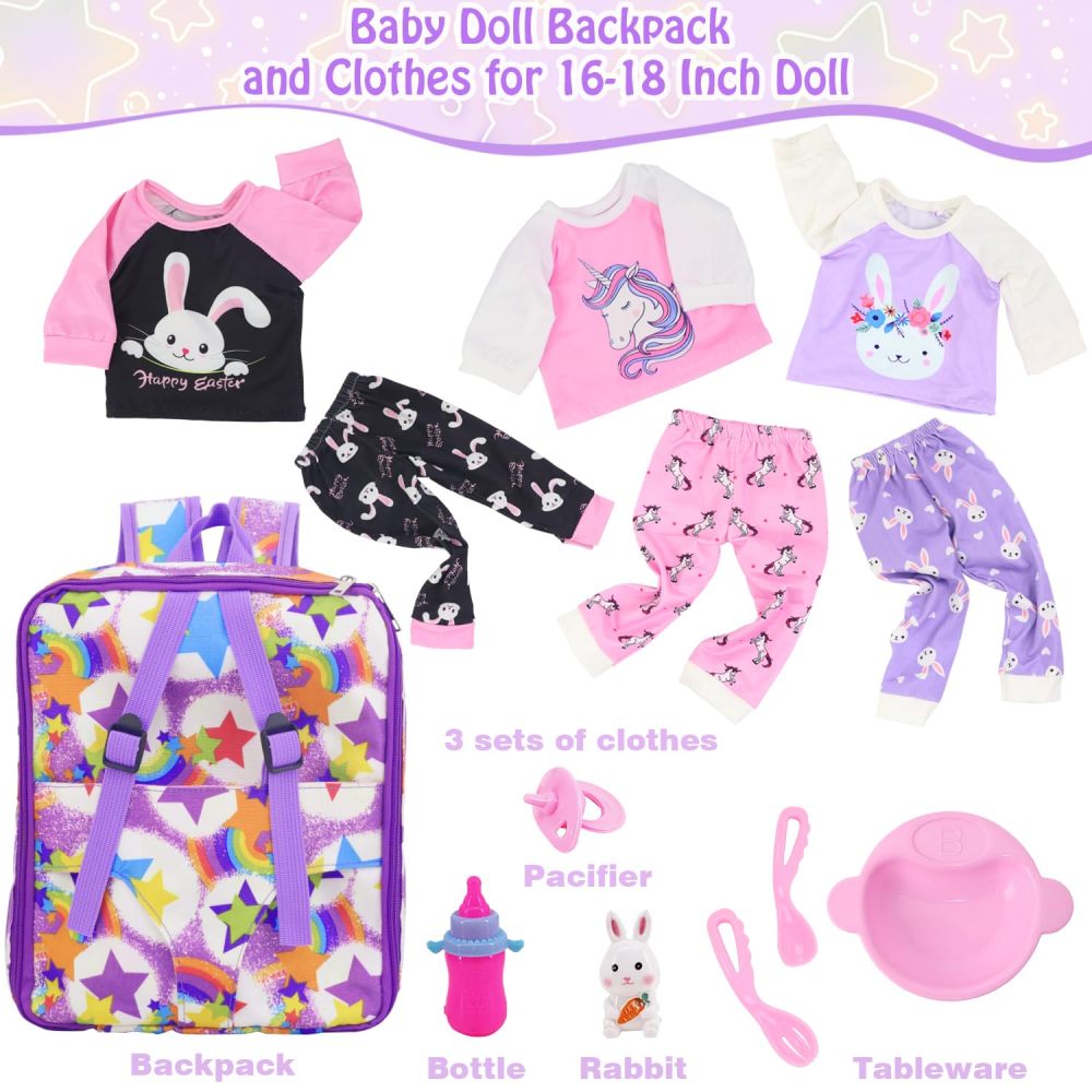 ZITA ELEMENT American 18 Inch Doll Backpack Carrier and Clothes, Baby Doll Playset for 17 Inch Doll with Doll Backpack Carrier Bag, Doll Clothes Sets and Accessories for 16 Inch Baby Doll (No Doll)
