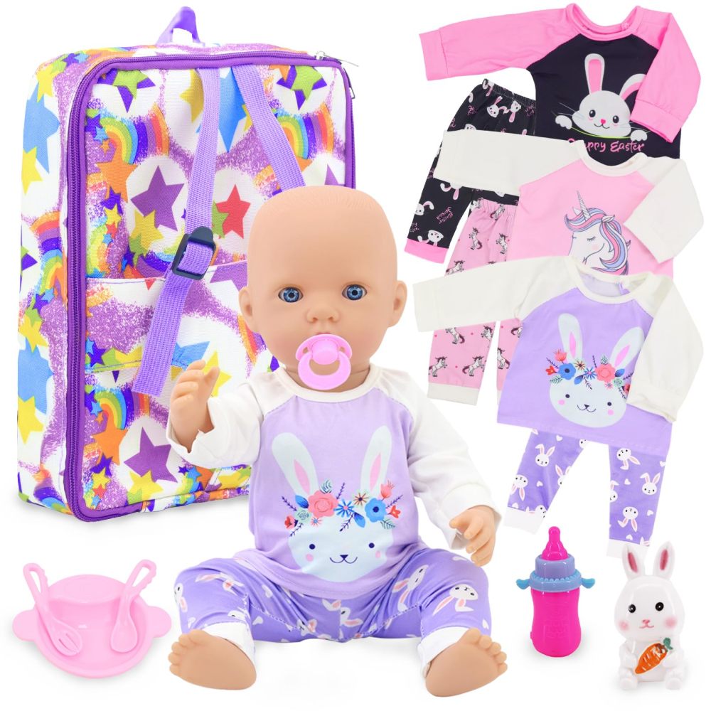 ZITA ELEMENT American 18 Inch Doll Backpack Carrier and Clothes, Baby Doll Playset for 17 Inch Doll with Doll Backpack Carrier Bag, Doll Clothes Sets and Accessories for 16 Inch Baby Doll (No Doll)