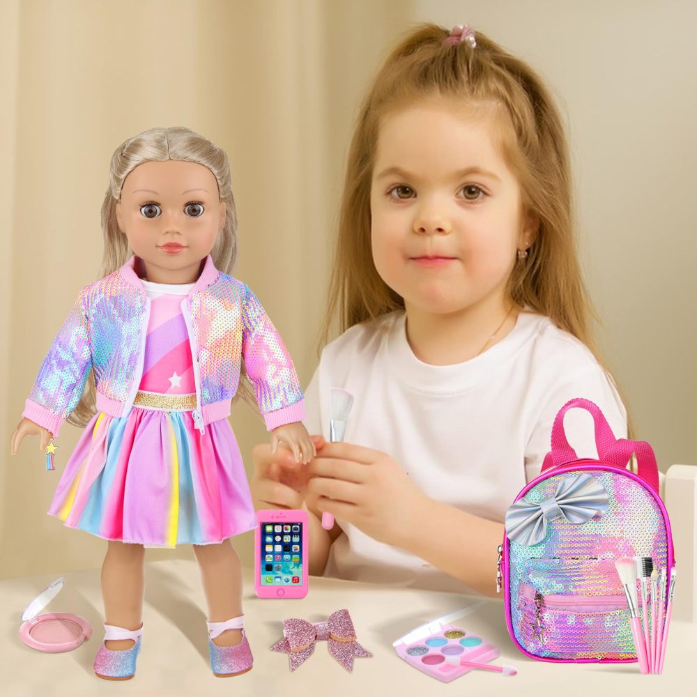 14Pcs American 18 Inch Doll Clothes and Accessories Makeup Playset Include Girl Dolls Clothes, Skirt, Backpack, Bracelet, Hair Clip, Phone and Makeup Sets（No Doll and Shoes）