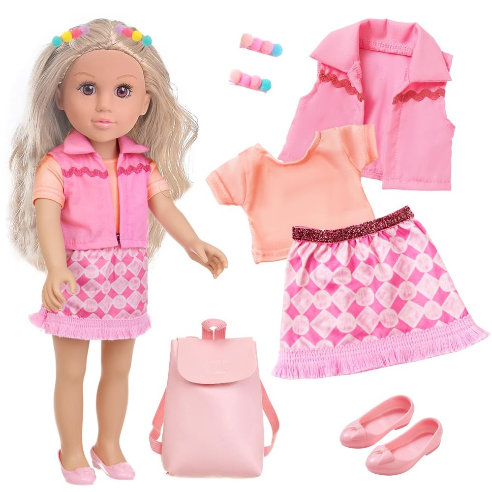 18 Inch Girl Doll Playset with Doll Clothes and Accessories Including 18 Inch Doll Jacket T-Shirt Skirt shoes backbag Hairband for Little Girl