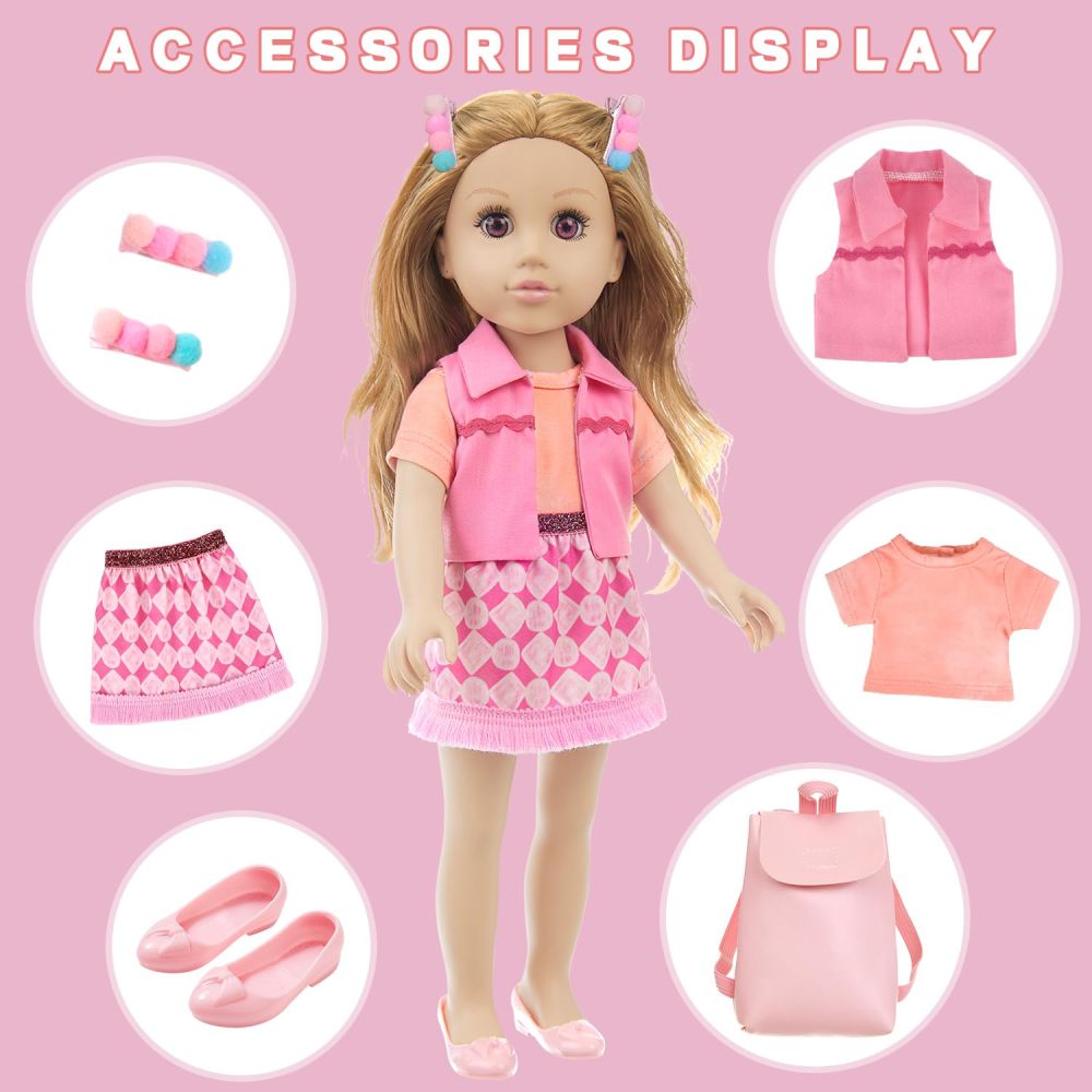 18 Inch Girl Doll Playset with Doll Clothes and Accessories Including 18 Inch Doll Jacket T-Shirt Skirt shoes backbag Hairband for Little Girl